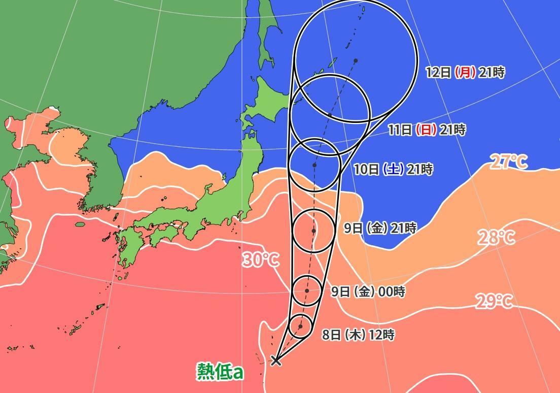 図1　台風5号の進路予報と海面水温（8月8日0時）