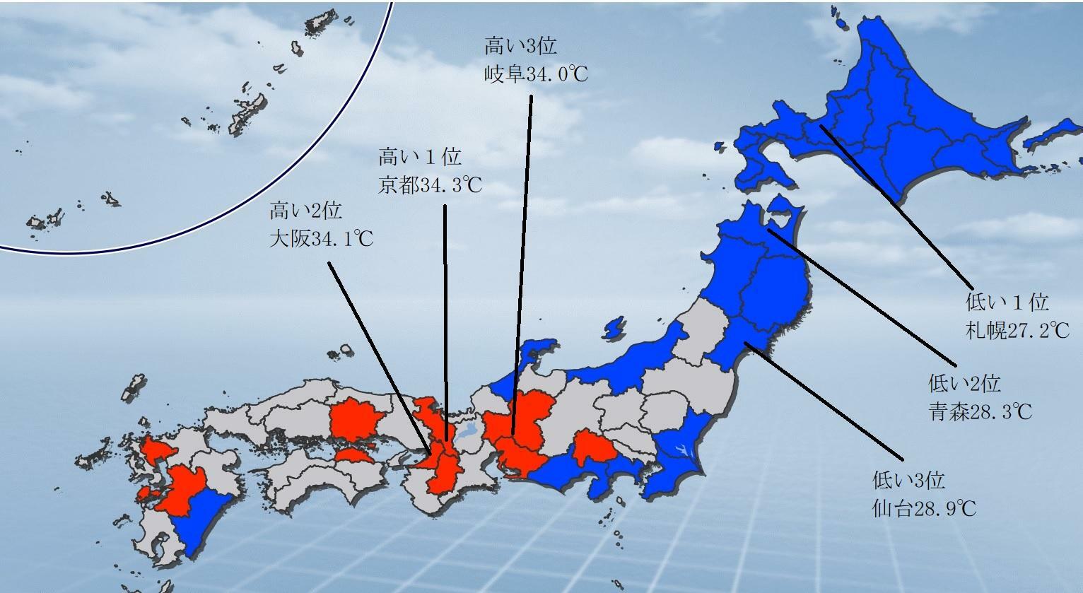 図2　日最高気温の平均値が高い10府県と低い12道県