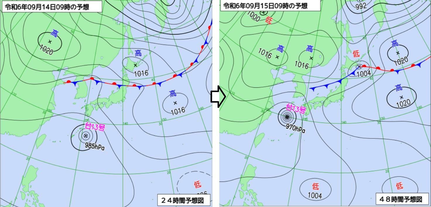 図1　予想天気図（左は14日9時、右は15日9時の予想）