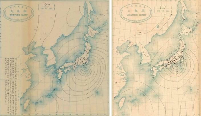 図3　地上天気図（左は1913年8月27日6時、右は1914年8月13日6時）