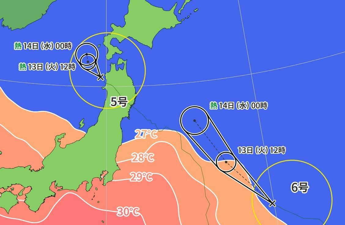 図2　台風5号と6号の進路予報と海面水温（8月14日0時）