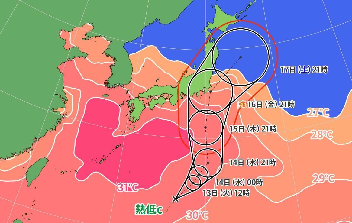 図4　日本の南の熱帯低気圧の進路予報（8月13日0時）