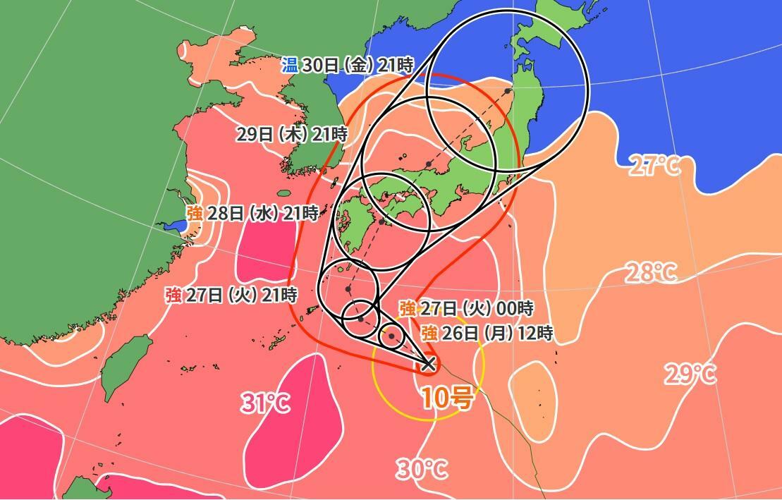 図1　台風10号の進路予報（8月26日0時）と海面水温