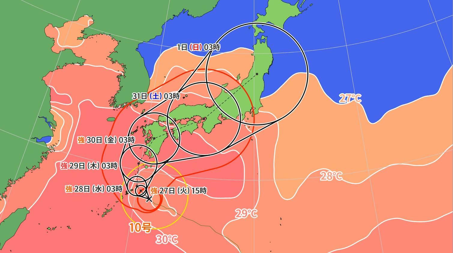 図2　台風10号の進路予報（8月27日3時）と海面水温