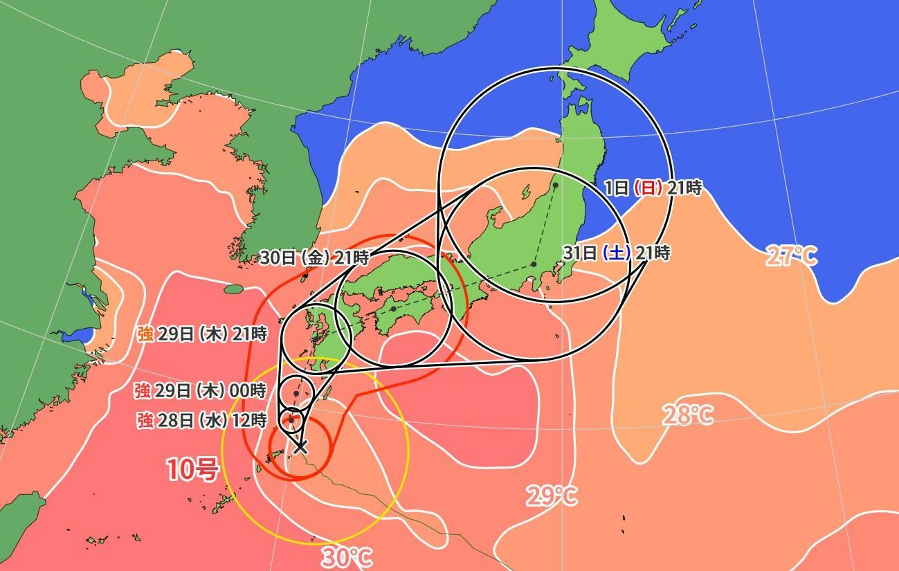 図4　台風10号の進路予報と海面水温（8月28日0時の予報）