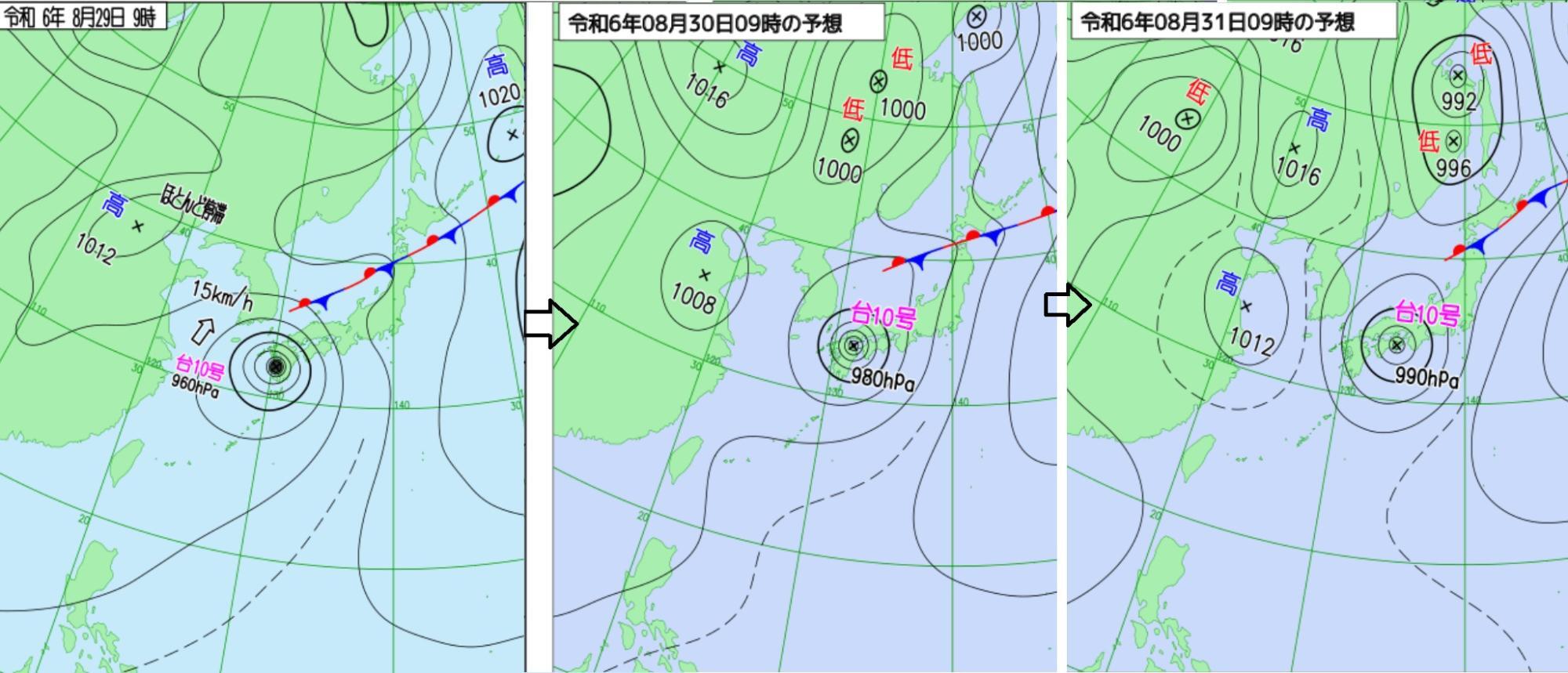 図2　地上天気図と予想天気図（左：8月29日9時の地上天気図、中：30日9時の予想、右：31日9時予想）