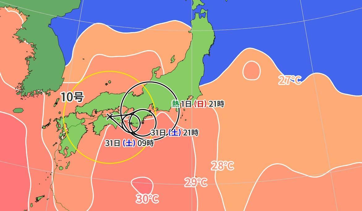 図1　台風10号の進路予報と海面水温（8月30日21時）