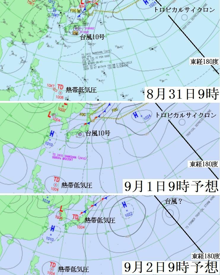 図4　専門家向けの地上天気図（上：8月31日9時）と予想天気図（中：9月1日9時の予想、下：9月2日9時の予想）