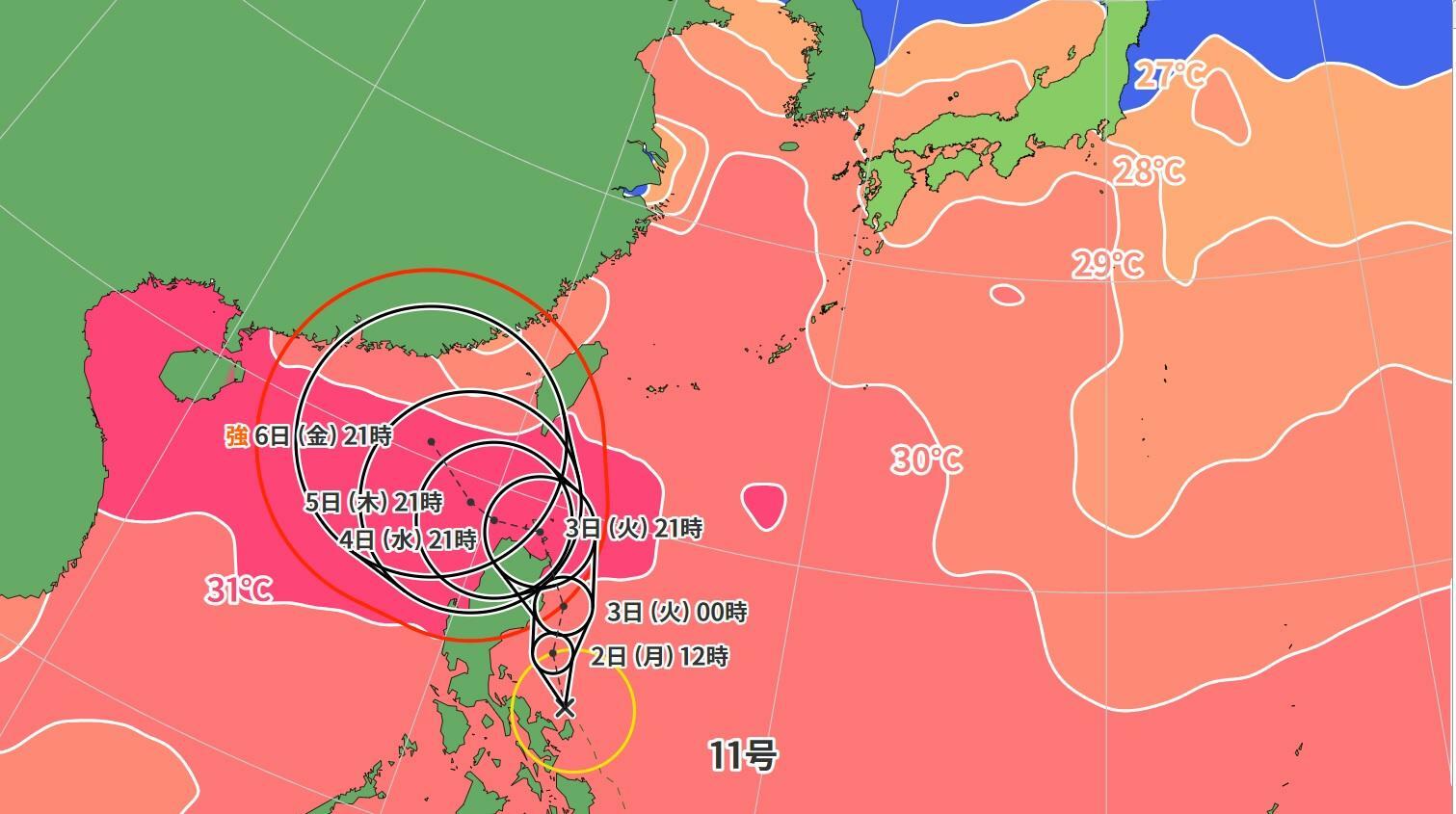 図5　台風11号の進路予報と海面水温（9月2日0時）