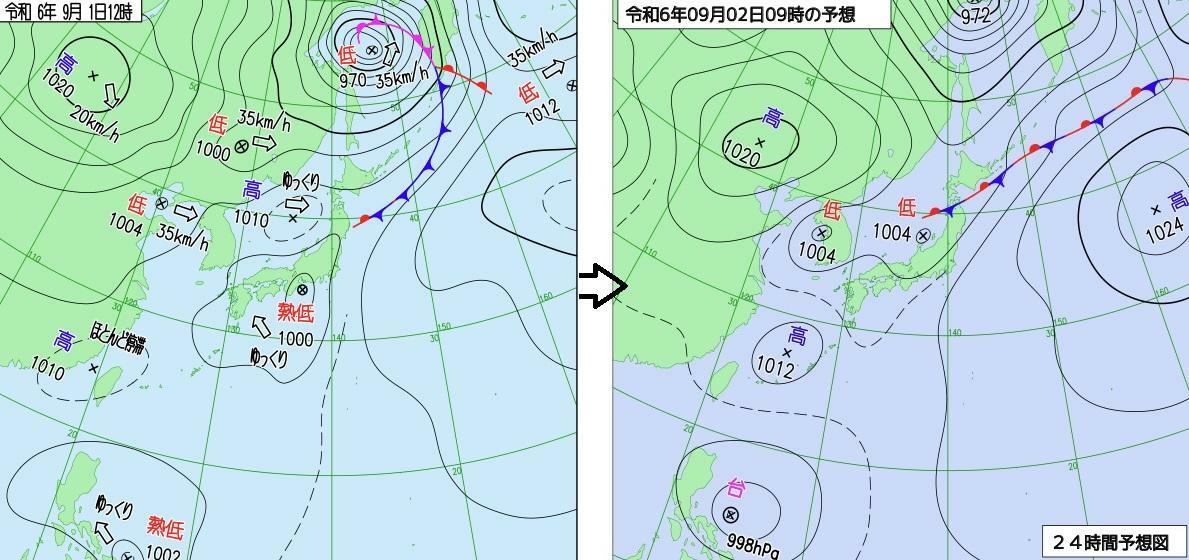 図1　地上天気図（上：9月1日12時）と予想天気図（下：9月2日9時の予想）