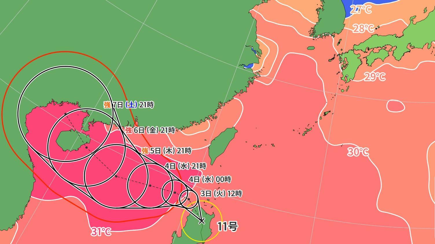 図1　台風11号の進路予報と海面水温（9月3日0時）