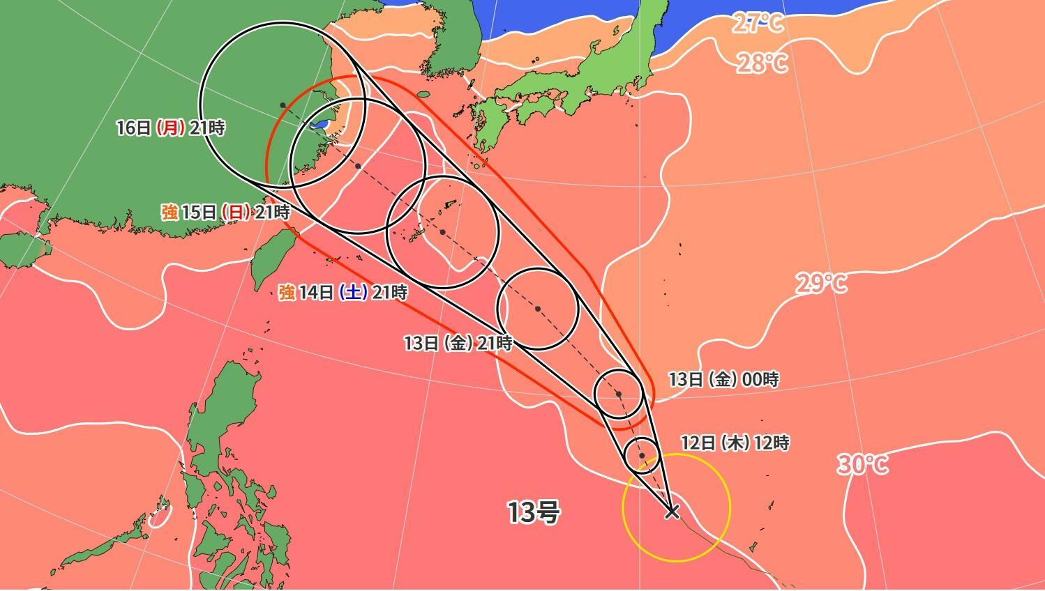 図5　台風13号の進路予報と海面水温（9月12日0時）