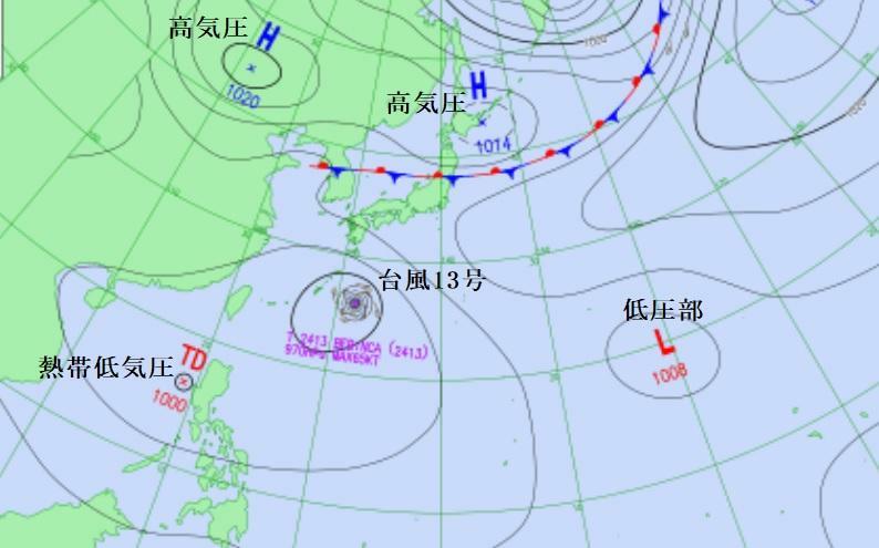 図8　予想天気図（9月14日9時の予想）