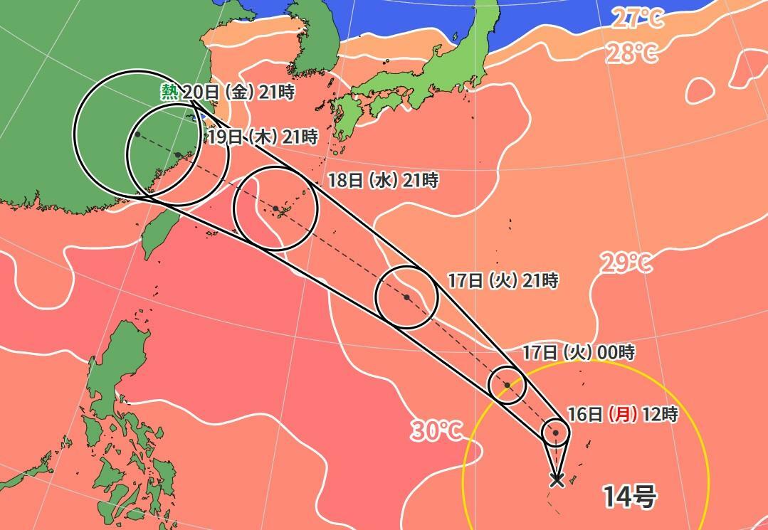 図2　台風14号の進路予報と海面水温（9月16日0時）