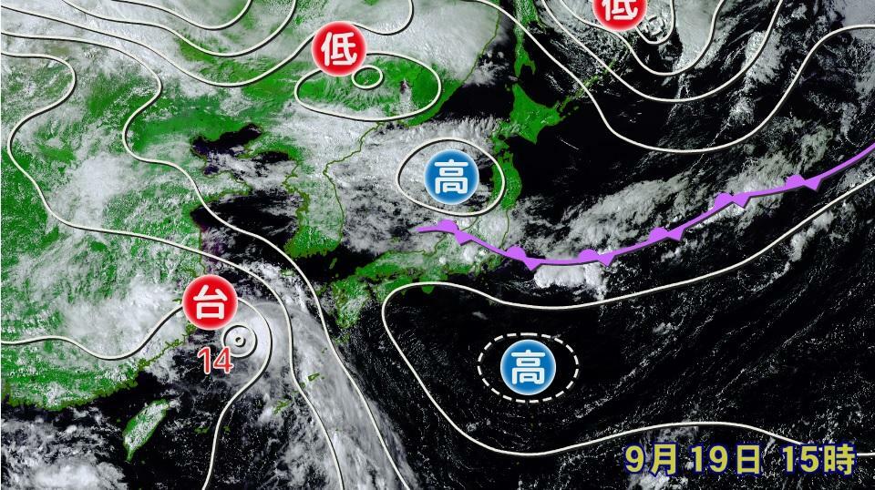 図1　西日本に張り出している高気圧によって中国大陸に向かう台風14号と南下してこない秋雨前線（9月19日15時）