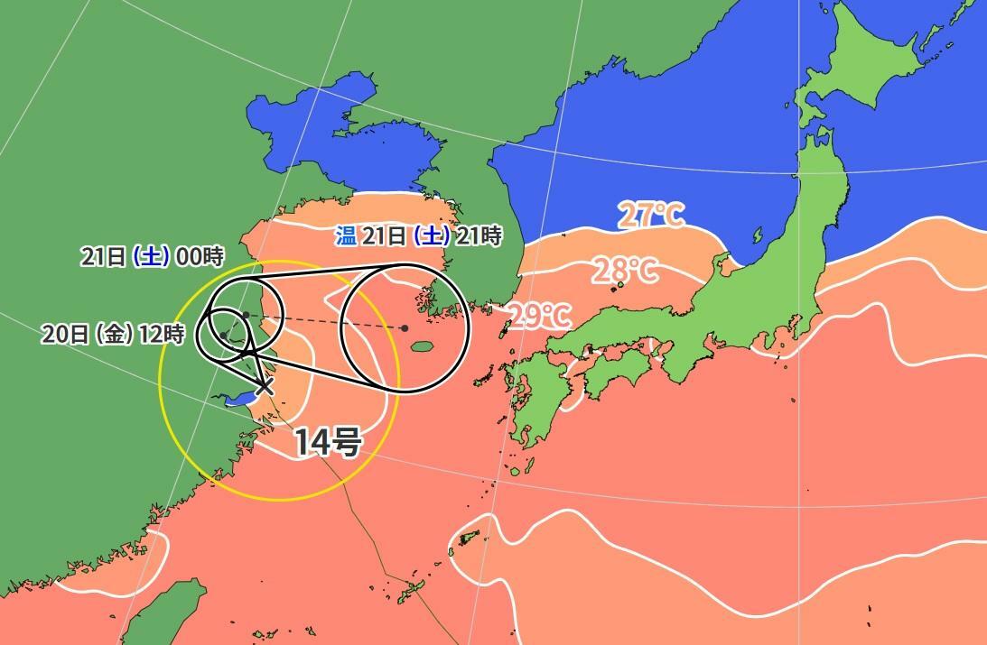 図8　台風14号の進路予報と海面水温（9月20日0時の予報）