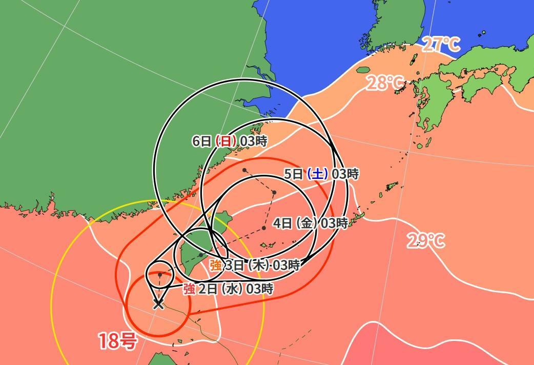 図2　台風18号の進路予報と海面水温（10月1日3時）