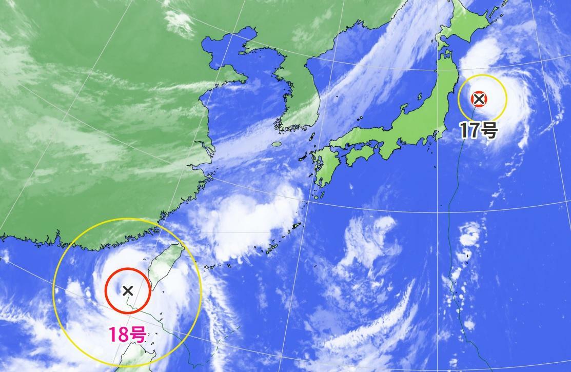 図2　台風17号と台風18号の雲（10月2日0時、赤い円は暴風域、黄色の円が強風域）