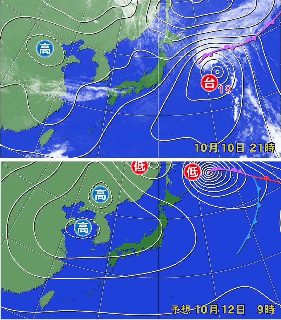 図1　地上天気図と衛星画像（上：10月10日21時）と予想天気図（下：10月12日9時の予想）