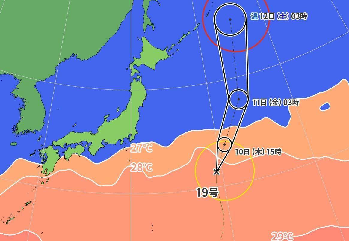 図2　台風19号の進路予報と海面水温（10月10日0時）