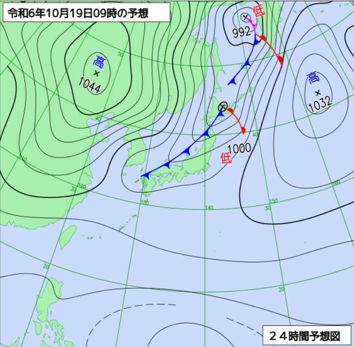 図1　予想天気図（10月19日9時の予想）