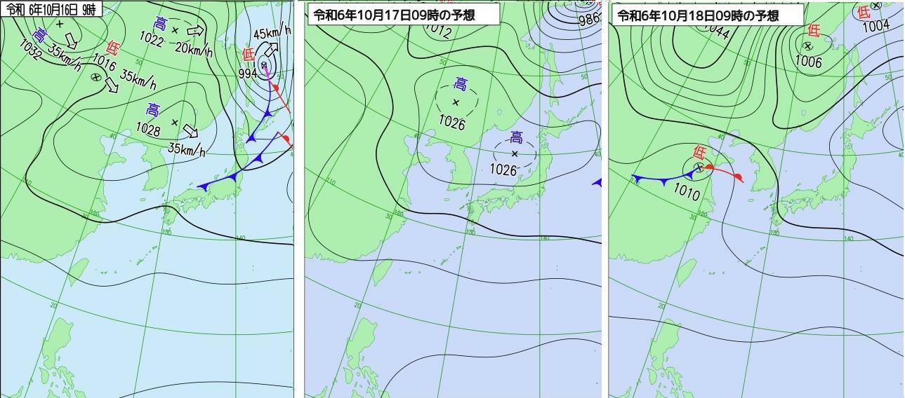 図1　地上天気図（左：10月16日9時）と予想天気図（中：10月17日9時の予想、右：10月18日9時の予想）