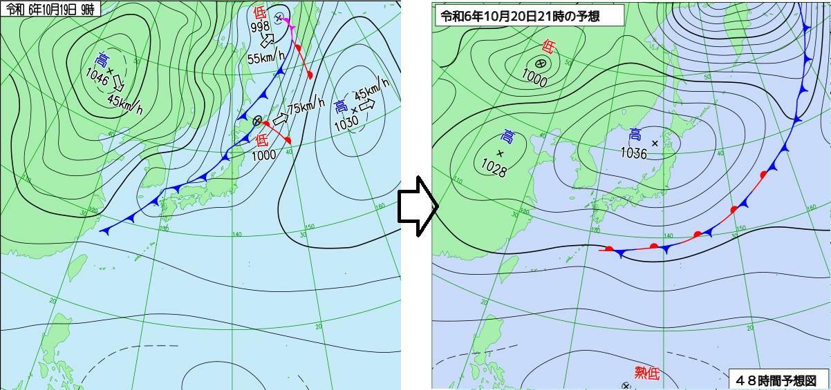 図1　地上天気図（10月19日）と予想天気図（10月20日21時の予想）