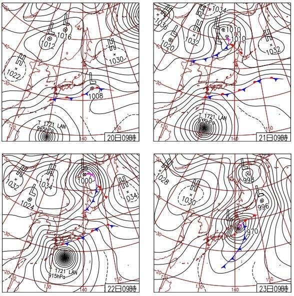 図4　平成29年10月20日（左上）から23日（右下）の地上天気図（時刻はいずれも9時）