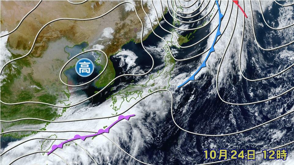 図1　地上天気図と衛星画像（10月24日12時）