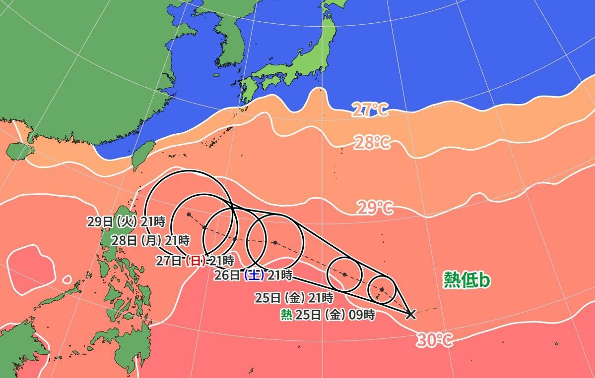 図4　発達する熱帯低気圧の進路予報と海面水温（10月24日21時）