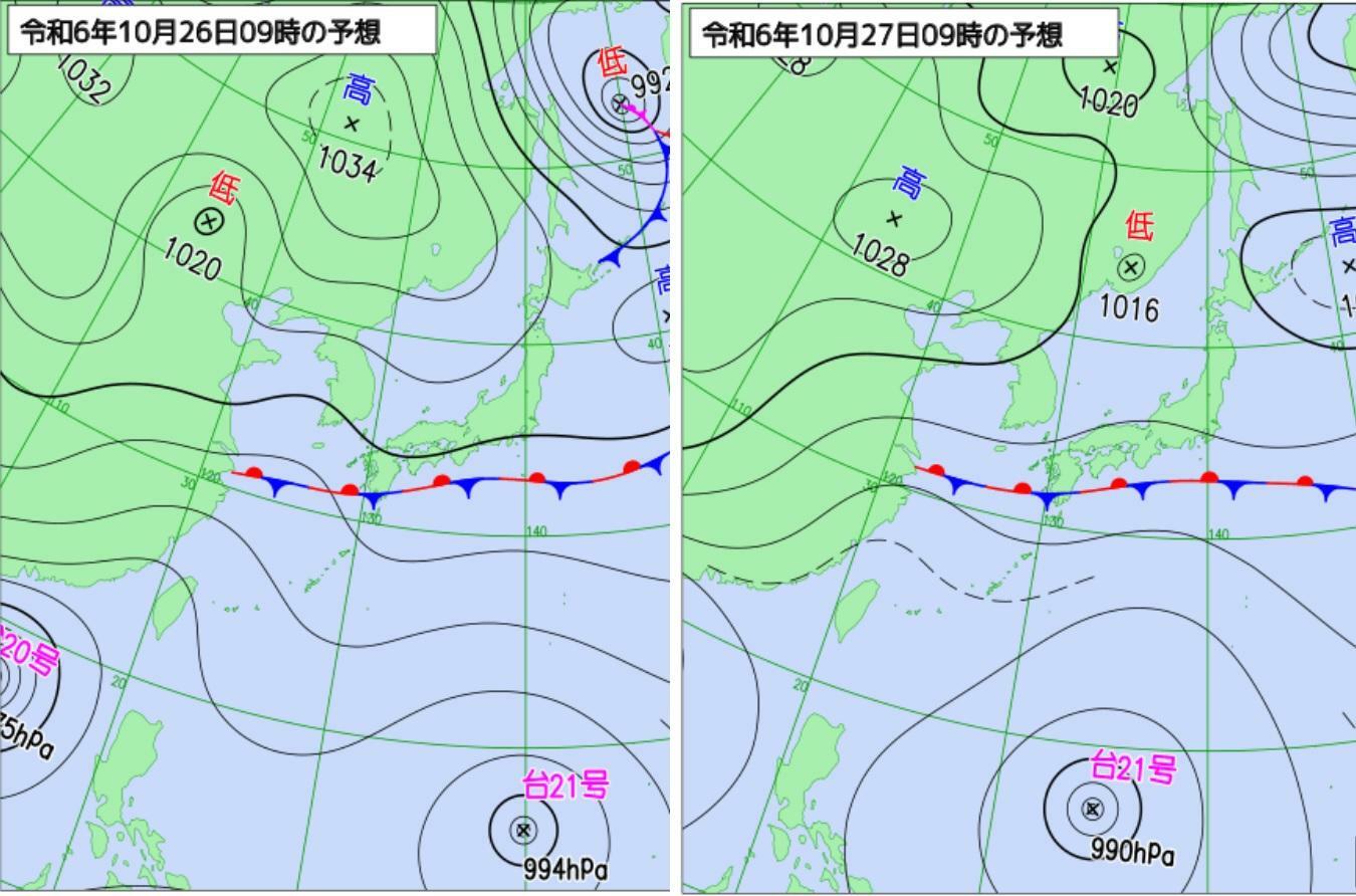 図4　予報天気図（左は10月26日9時、右は27日9時の予想）