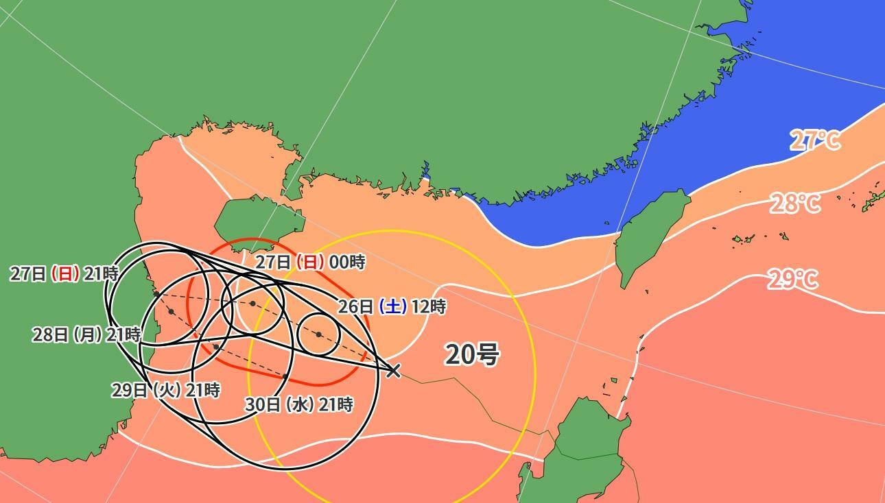 図5　台風20号の進路予報と海面水温（10月26日0時）