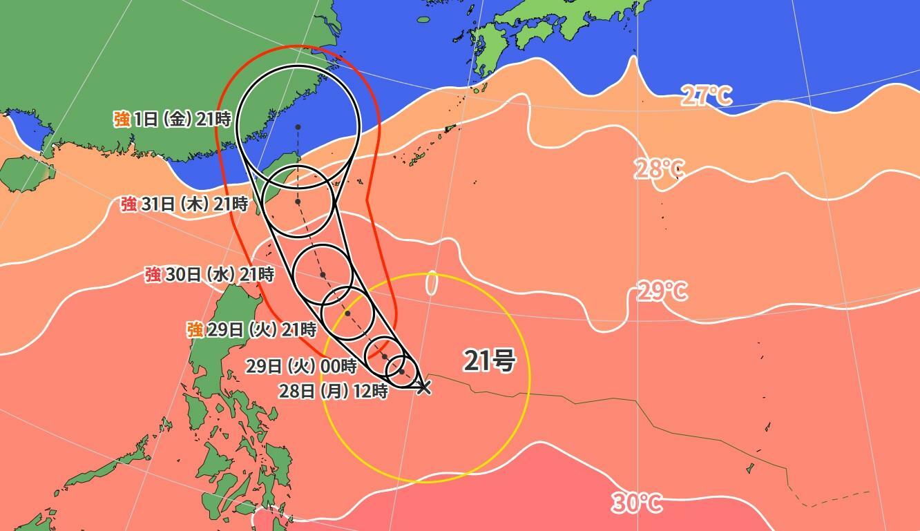 図2　台風21号の進路予報と海面水温（10月28日0時）