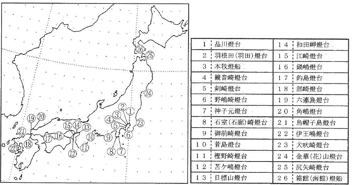 図5　明治10年（1877年）の観測記録が残されている26の燈台（燈台）・燈船（表中の番号は図の番号と同じ）