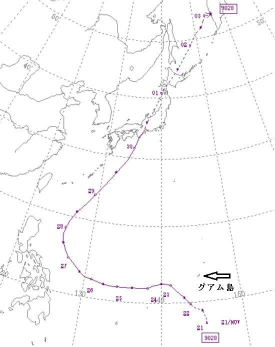 図6　最遅上陸台風（平成2年（1990年）の台風28号）の経路図