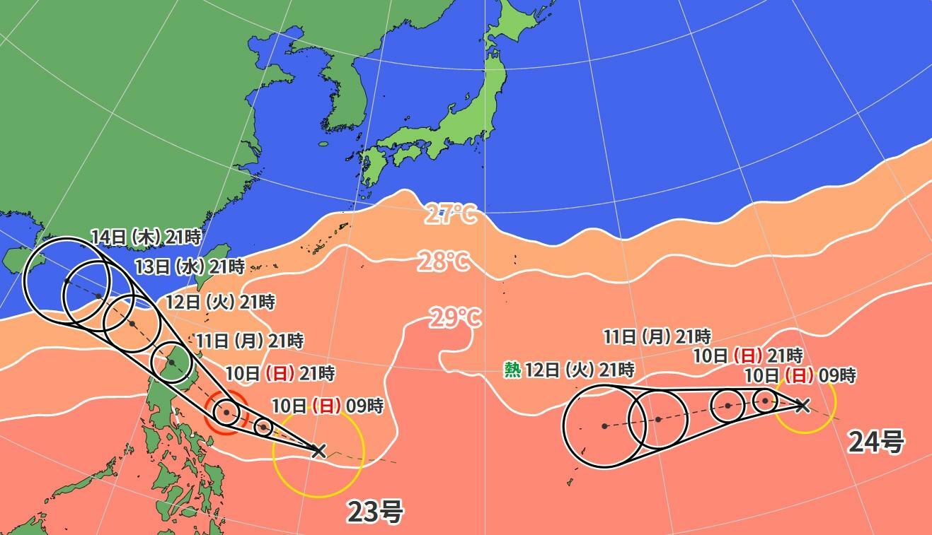 図4　台風23号と台風24号の進路予報と海面水温（11月9日21時の予報）