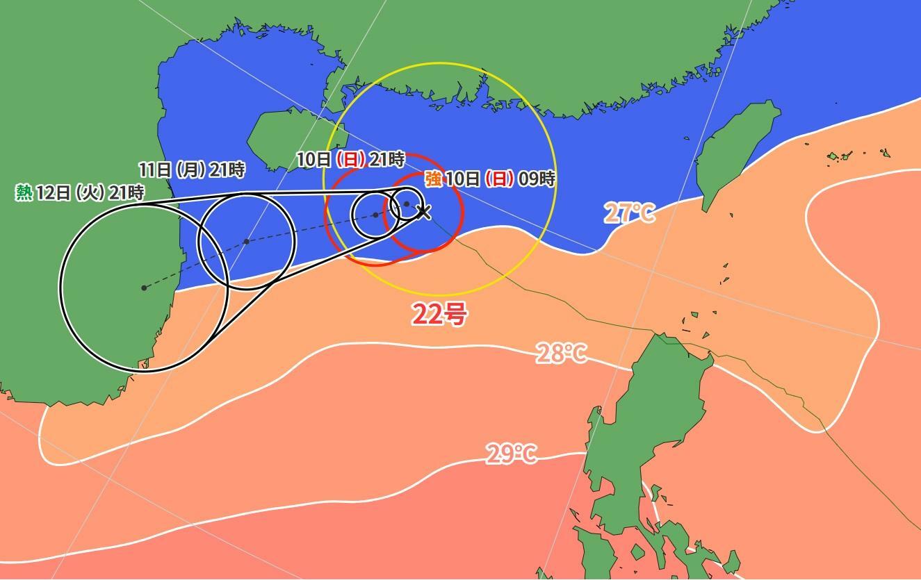 図3　台風22号の進路予報と海面水温（11月9日21時の予報）