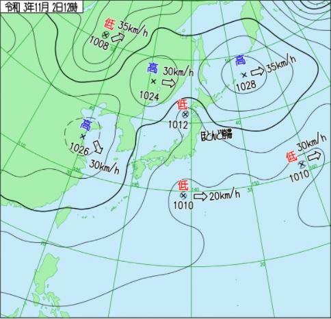 図2　地上天気図（2021年11月2日12時）