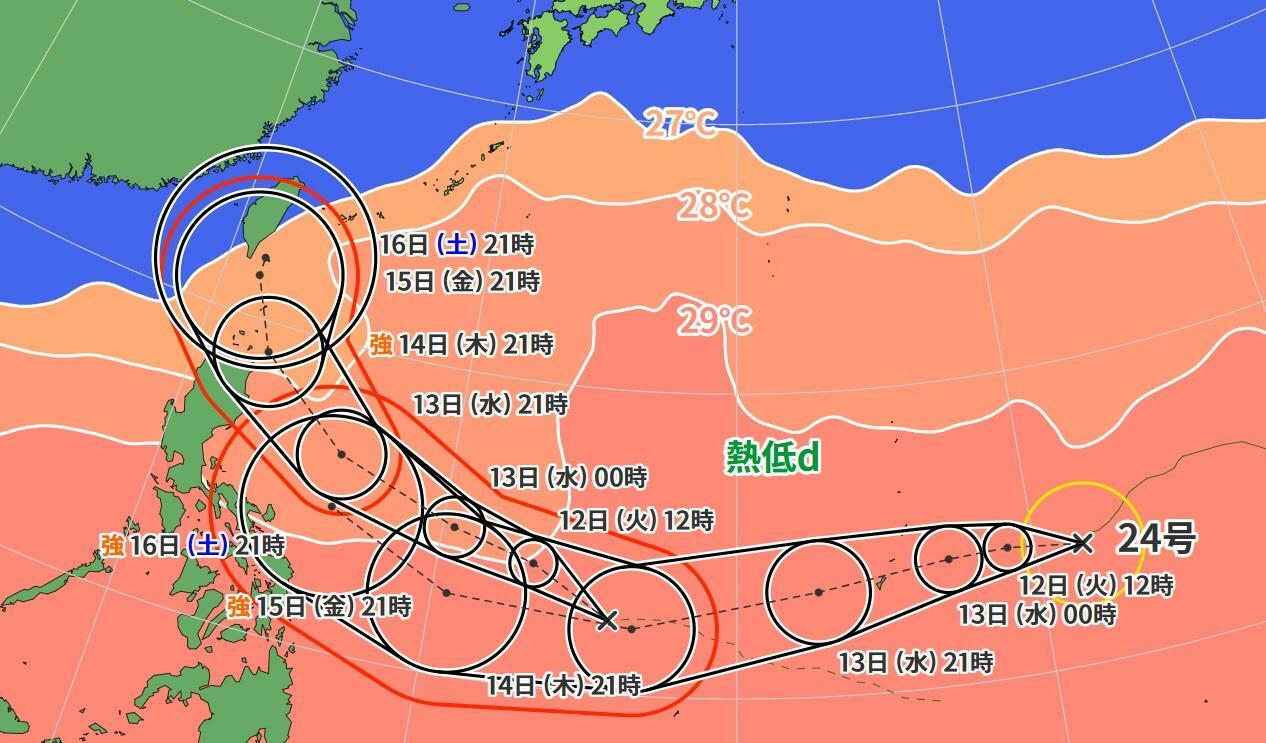 図5　台風24号と熱帯低気圧（熱低ｄ）の進路予報と海面水温（11月12日0時）