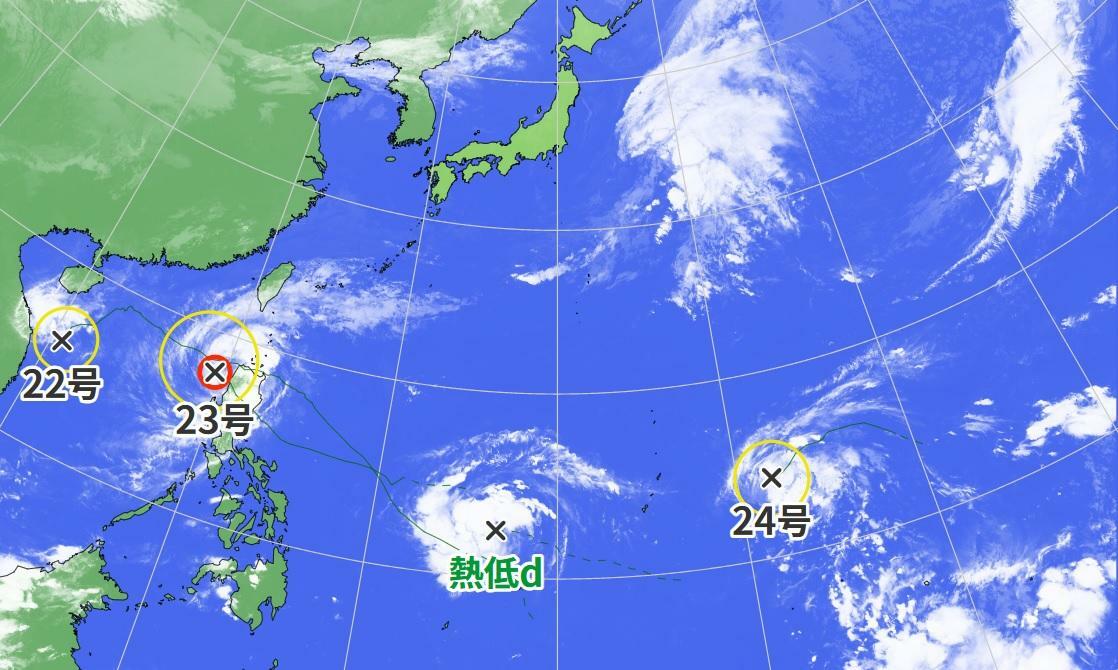 図3　台風22号、23号、24号と台風に発達しそうな熱帯低気圧（熱低ｄ）（11月12日0時）