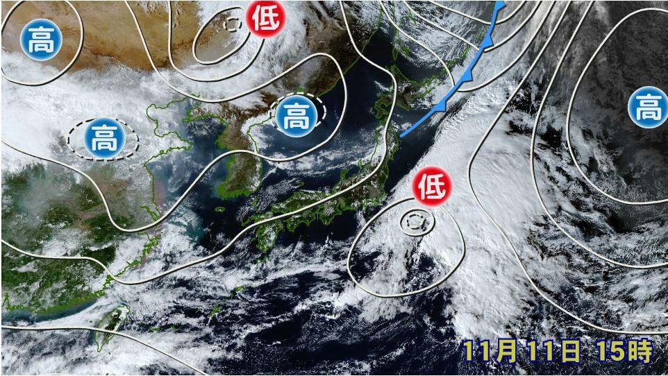 図1　地上天気図と衛星画像（11月11日15時）