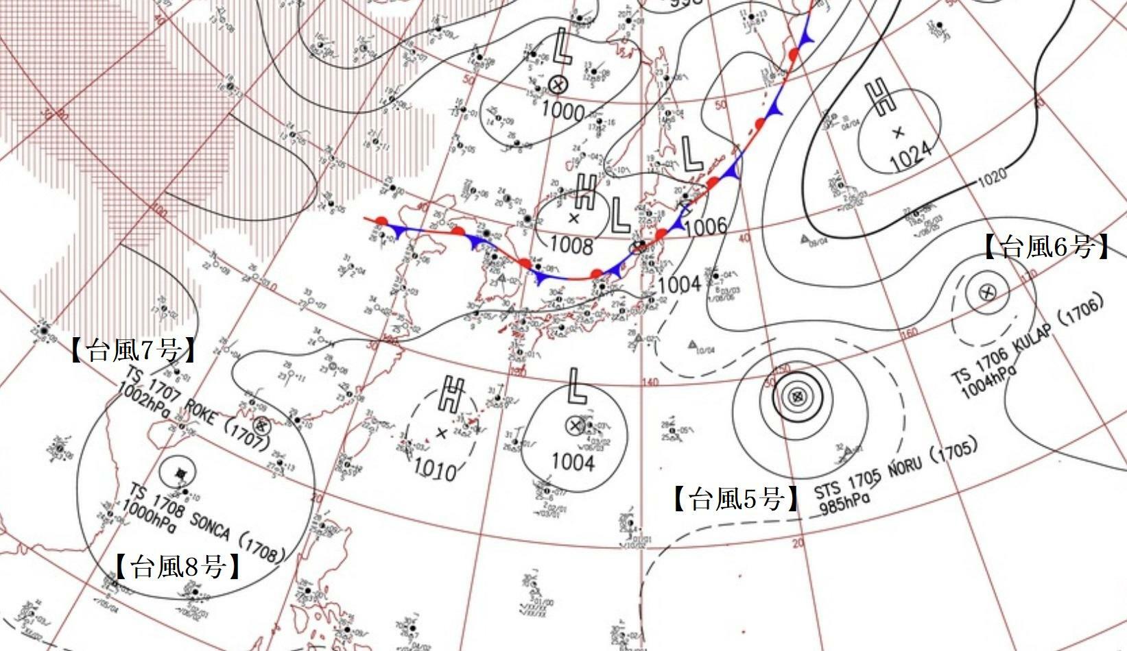 図2　約7年前の四輪台風の専門家向け地上天気図（2017年7月23日9時）