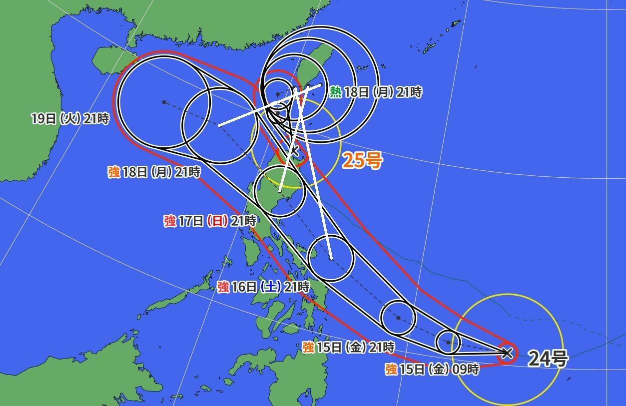 図3　台風24号と台風25号の進路予報（11月14日21時）