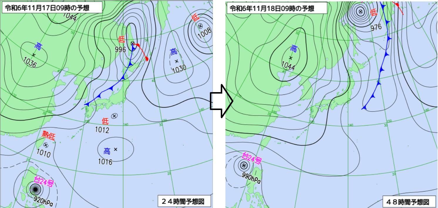 図2　週明けの西高東低の冬型の気圧配置（左は11月17日9時、右は18日9時の予想）