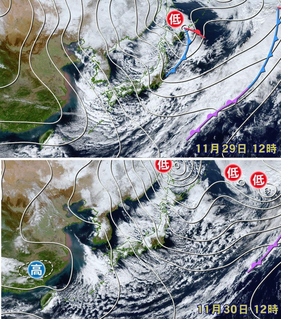 図1　西高東低の冬型の気圧配置と離岸距離が大きくなってきた日本海の雪雲（上は11月29日12時、下は11月30日12時）