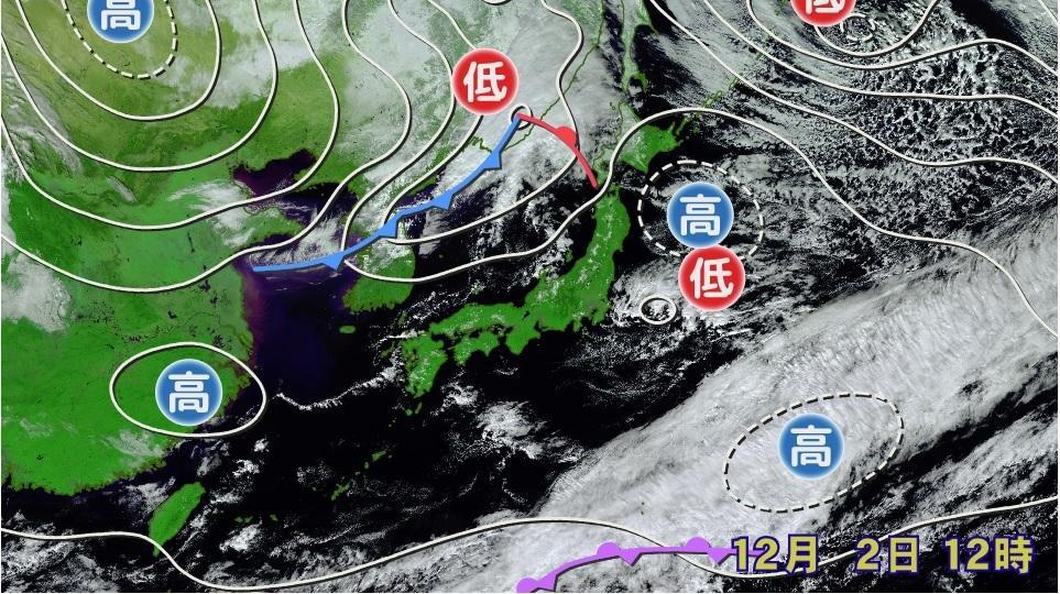 図1　高気圧に覆われ晴れて気温が上がったときの地上天気図と衛星画像（12月2日12時）