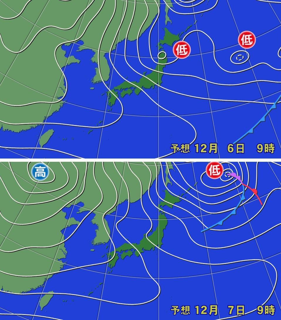 図2　予想天気図（上は12月6日9時、下は12月7日9時の予想）