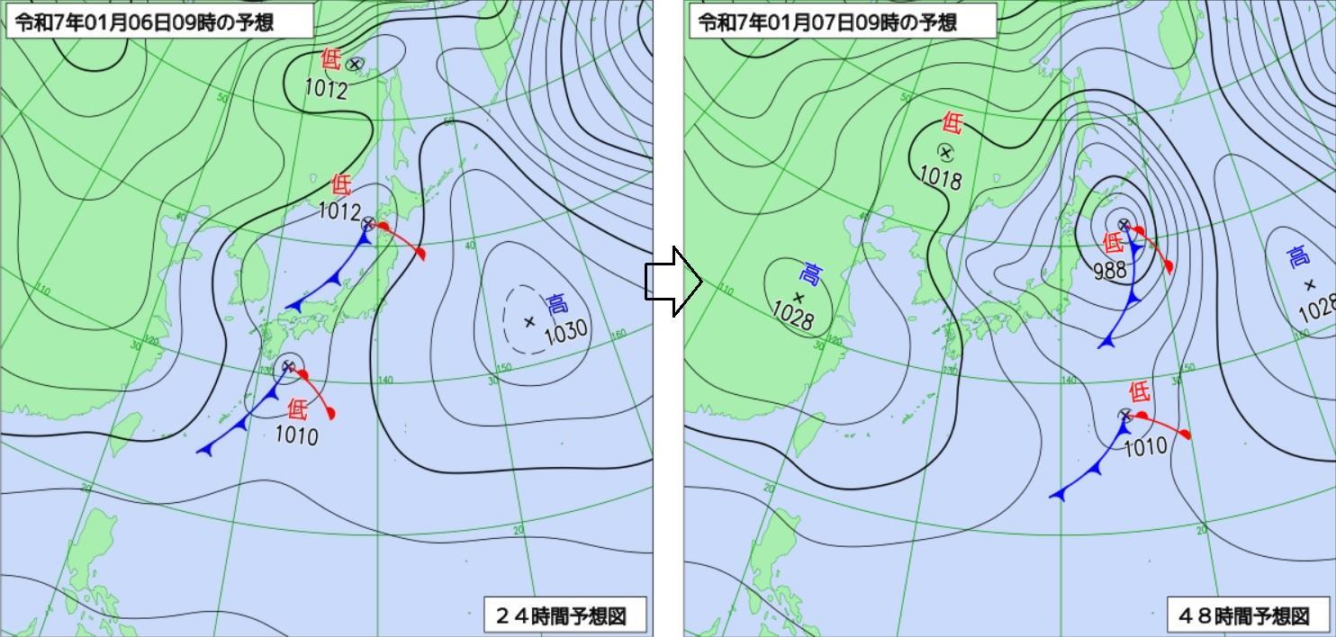 図3　予想天気図（左：1月6日9時、右：1月7日9時の予想）