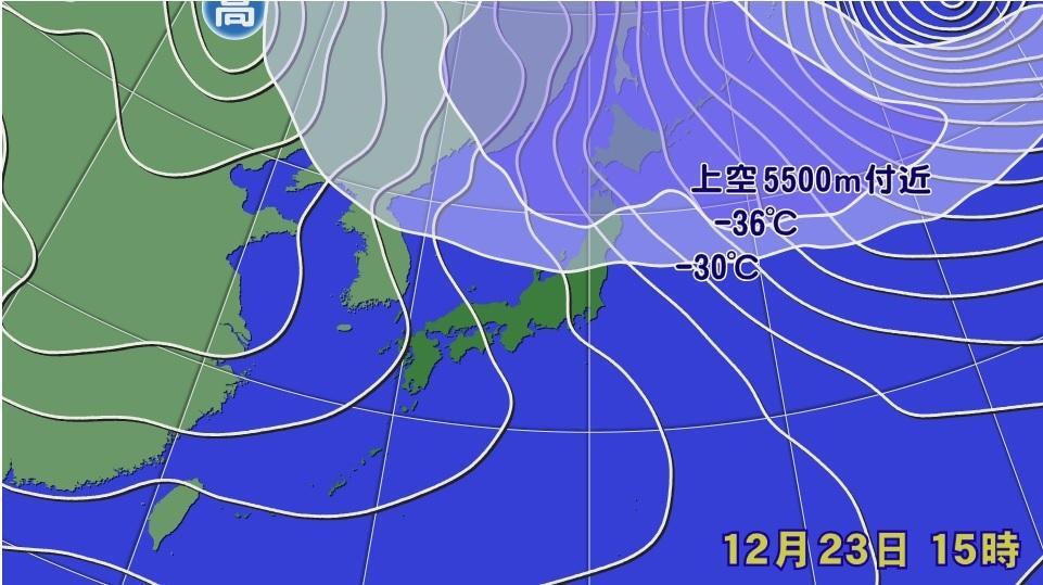 図1　地上天気図と上空約5500メートルの気温（12月23日9時）