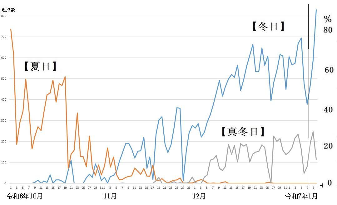 図5　夏日、冬日、真冬日の観測地点数の推移（1月8日以降は予報）